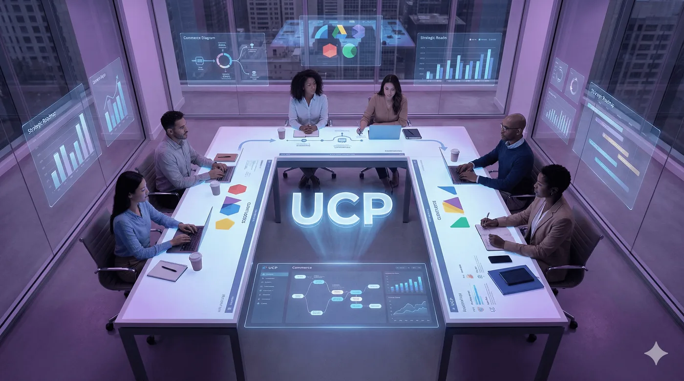 Un team attorno a un tavolo da conferenza, con un logo “UCP” luminoso e grafici olografici sospesi.