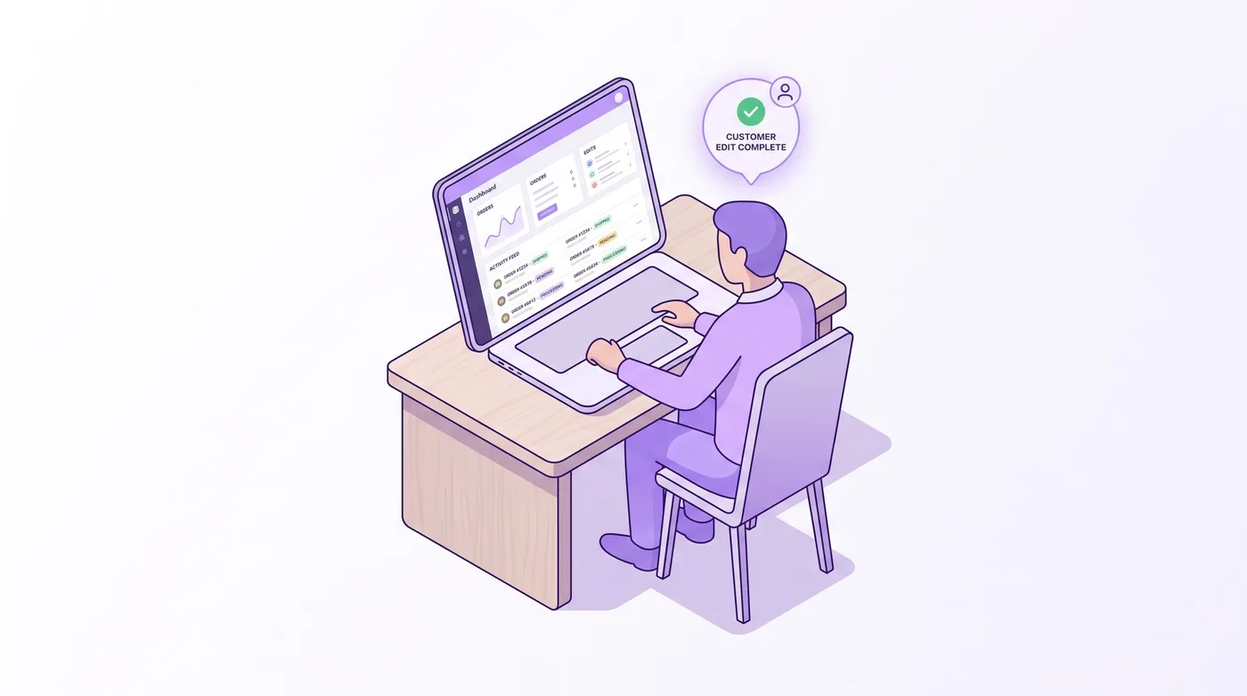 responsable de operaciones de Shopify Plus que revisa un panel de edición de pedidos por autoservicio